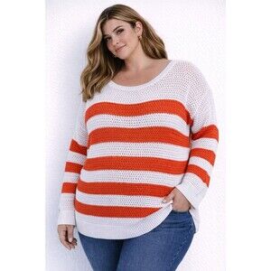Old Navy Women’s XXL White Orange Striped Open Knit Sweater Long Sleeve Pullover